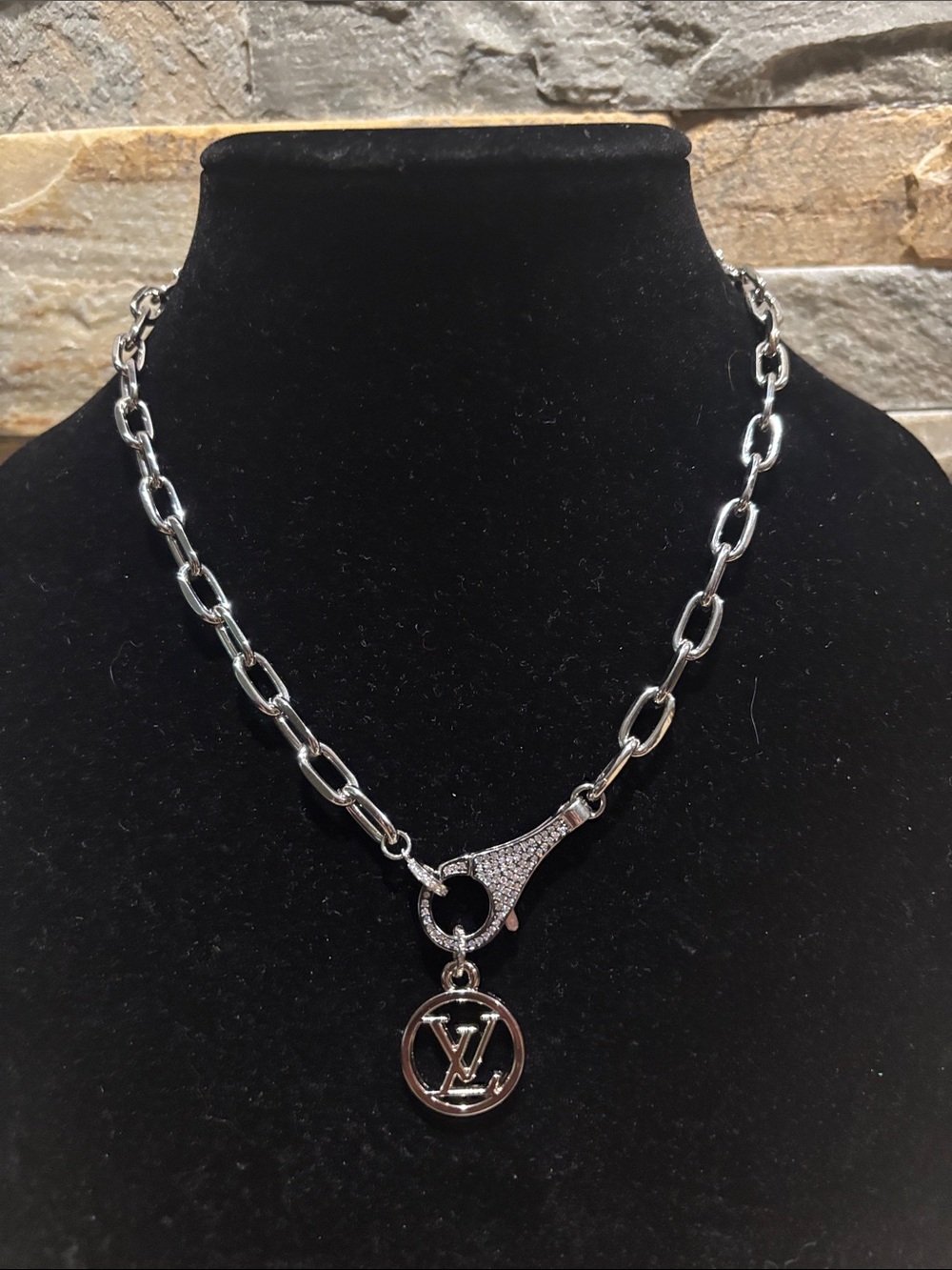 Silver Link Necklace with Pavé Clasp and LV Pendant
